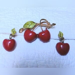 Vintage Enamel Cherry Pin Brooch & Clip On Earrings Set Red Retro Fruit Jewelry